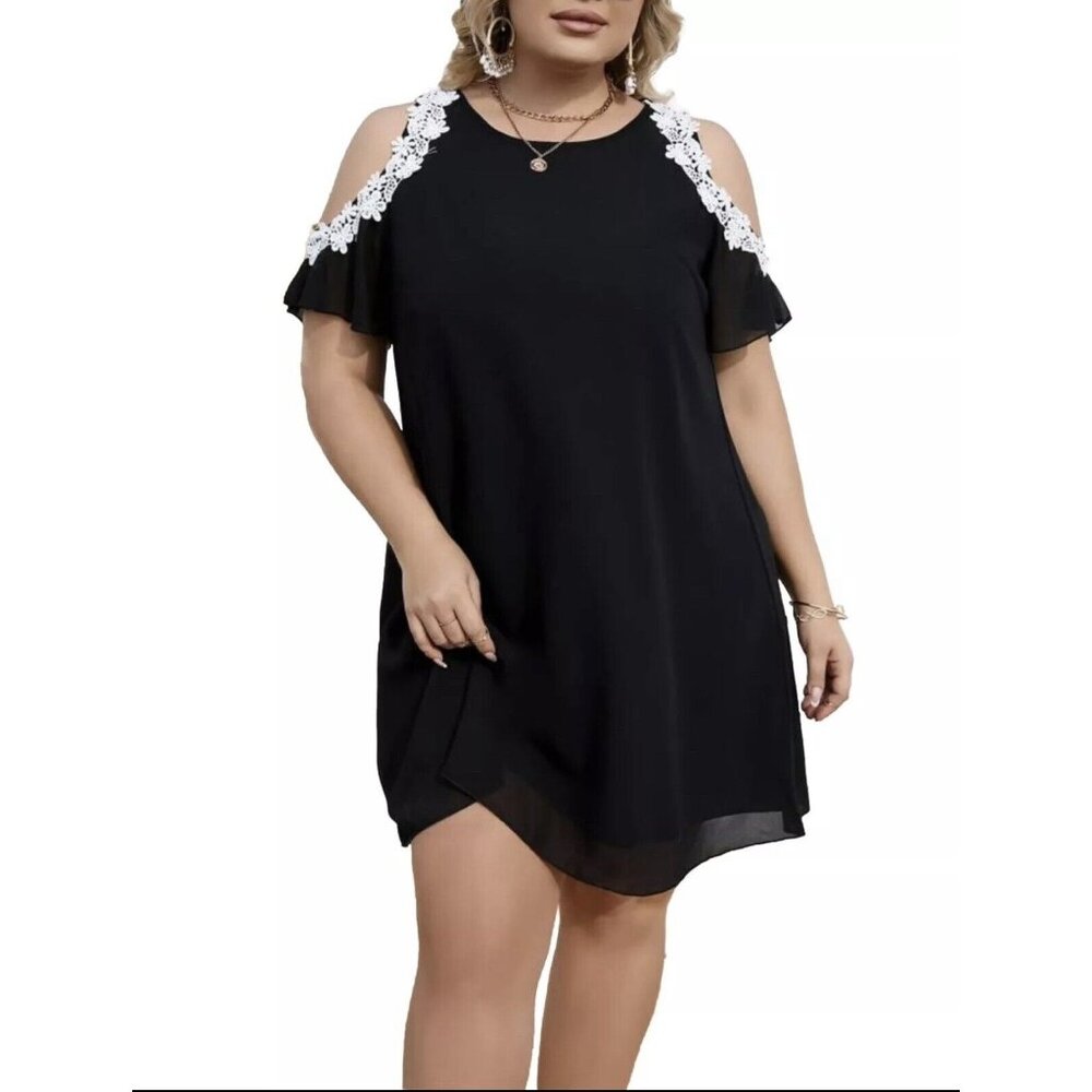 Aofur Dress Size L Womens Summer Chiffon Lace Cold Sleeve Casual Dress Black New